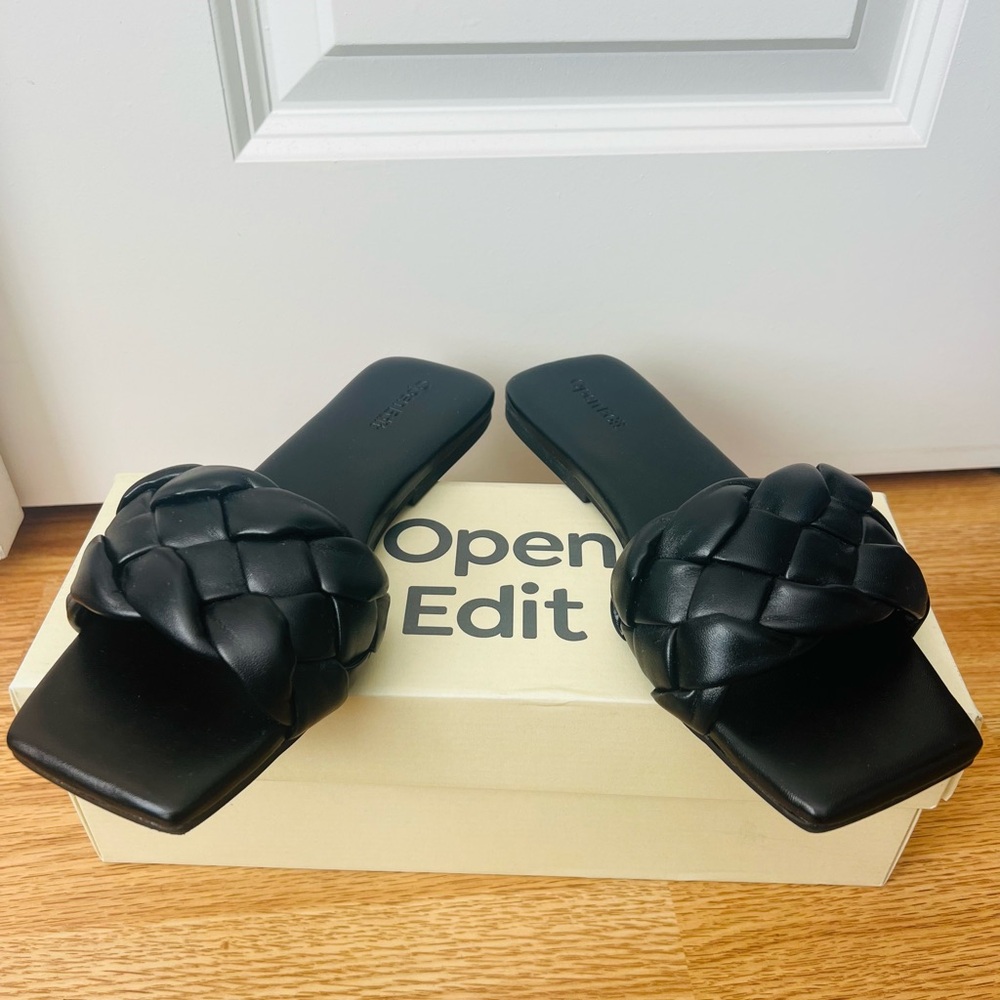 Open Edit Black Women's Braided Slide Sandals